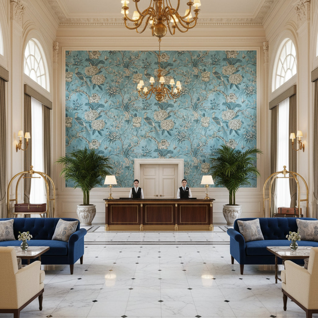 VILLENEUVE Fabrics (AF72996) – Aqua | Thibaut - Hotel Lobby Visualization (AI-generated, may not be to scale. Verify pattern scale with product specifications.)