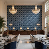 WATERCOURSE Fabrics (AF73032) – Navy | Thibaut - Hotel Lobby Visualization (AI-generated, may not be to scale. Verify pattern scale with product specifications.)