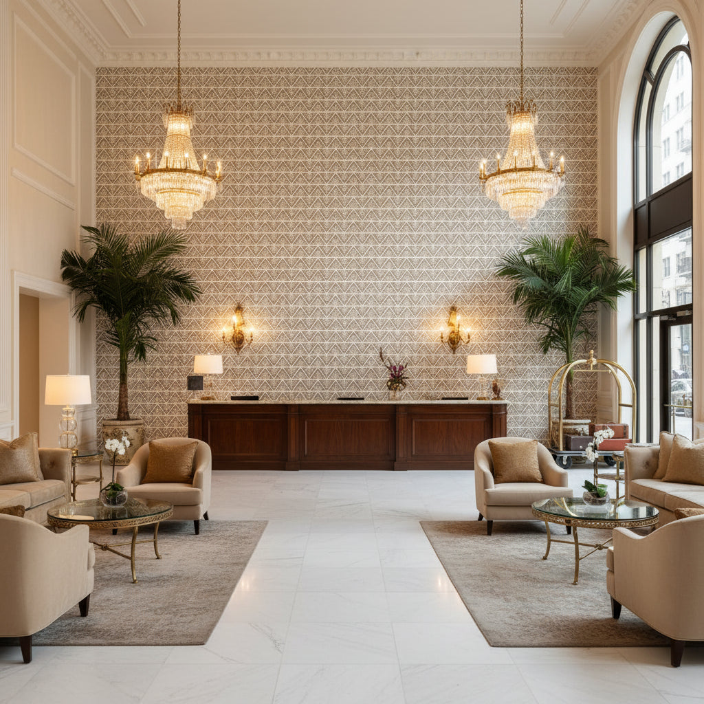 JULES Fabrics (AF78703) – Flax | Thibaut - Hotel Lobby Visualization (AI-generated, may not be to scale. Verify pattern scale with product specifications.)