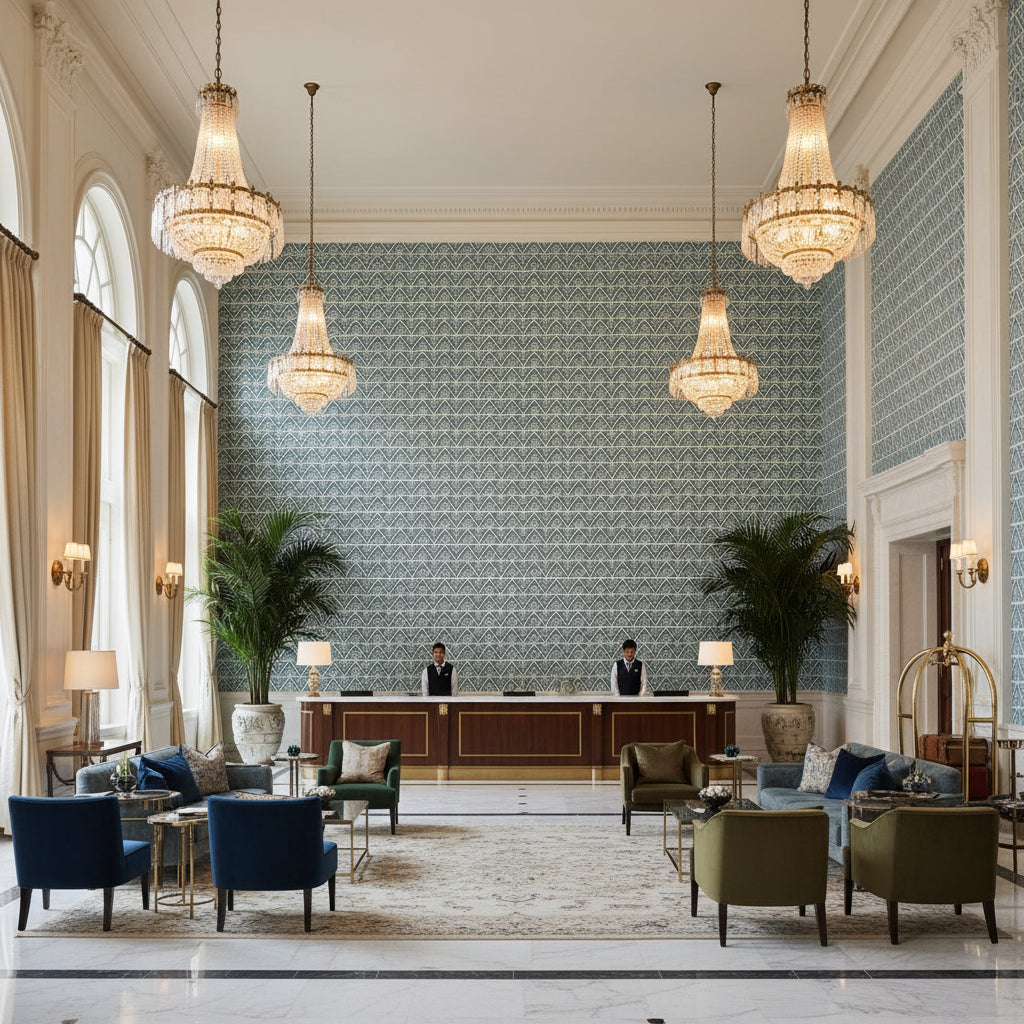 JULES Fabrics (AF78705) – Robin's Egg Robin's Egg | Thibaut - Hotel Lobby Visualization (AI-generated, may not be to scale. Verify pattern scale with product specifications.)