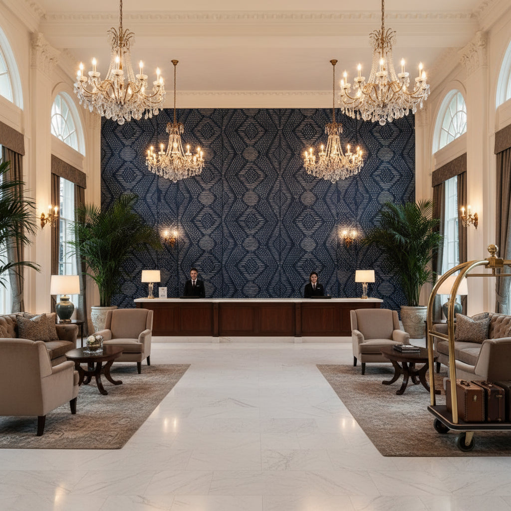 MALI Fabrics (AF78714) – Navy | Thibaut - Hotel Lobby Visualization (AI-generated, may not be to scale. Verify pattern scale with product specifications.)