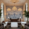 PALAMPORE Fabrics (AF78725) – cobalt blue | Thibaut - Hotel Lobby Visualization (AI-generated, may not be to scale. Verify pattern scale with product specifications.)