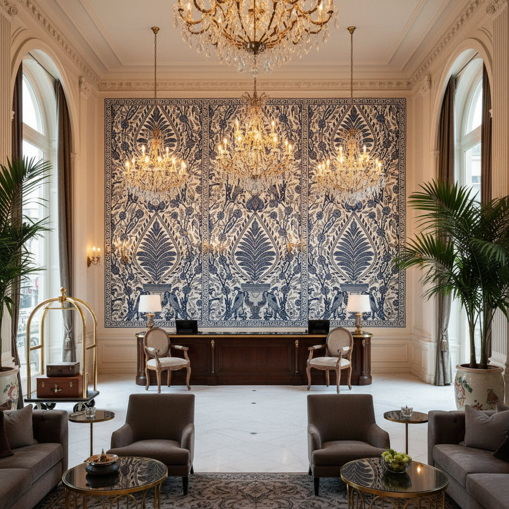 PALAMPORE Fabrics (AF78725) – cobalt blue | Thibaut - Hotel Lobby Visualization (AI-generated, may not be to scale. Verify pattern scale with product specifications.)
