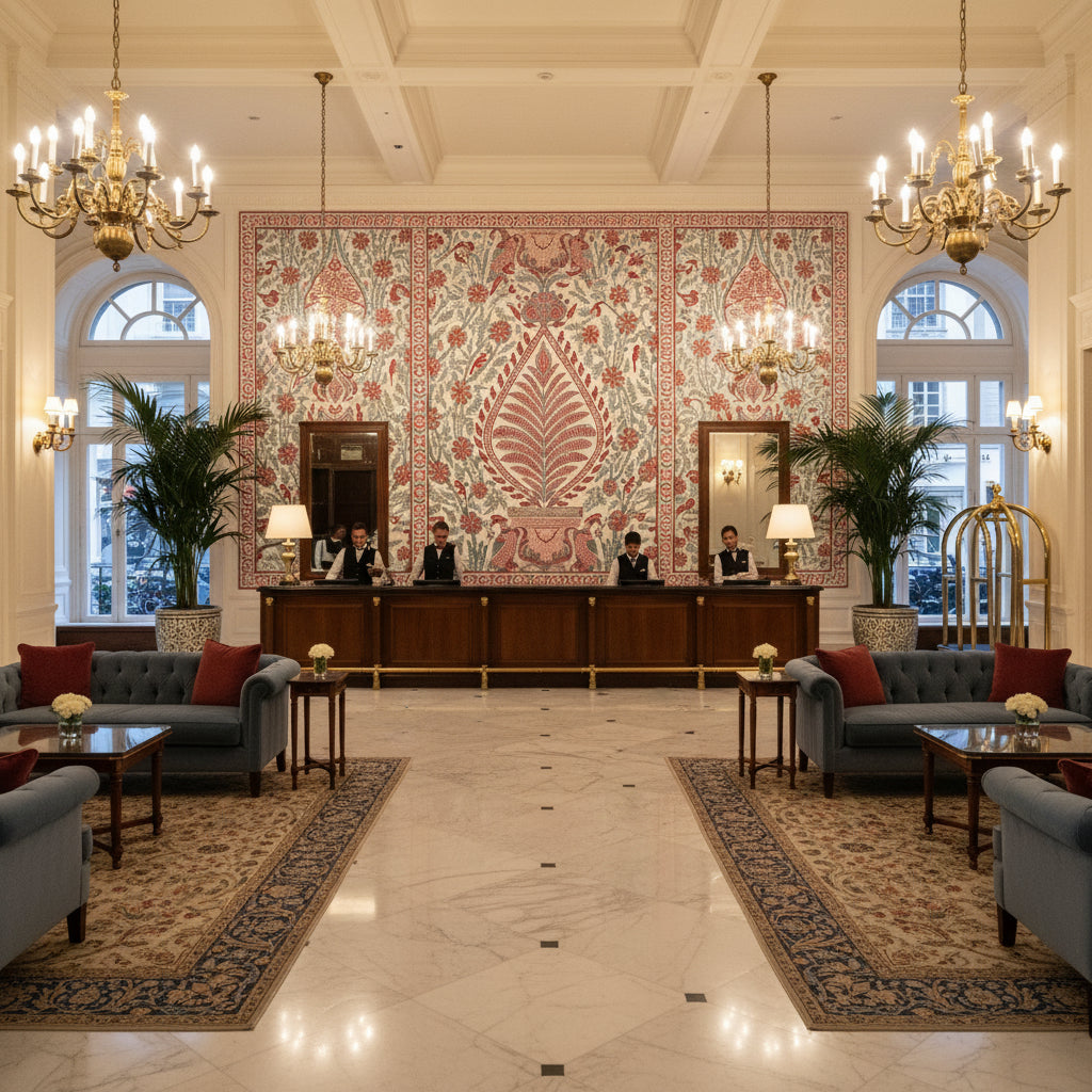 PALAMPORE Fabrics (AF78726) – Red and Blue | Thibaut - Hotel Lobby Visualization (AI-generated, may not be to scale. Verify pattern scale with product specifications.)