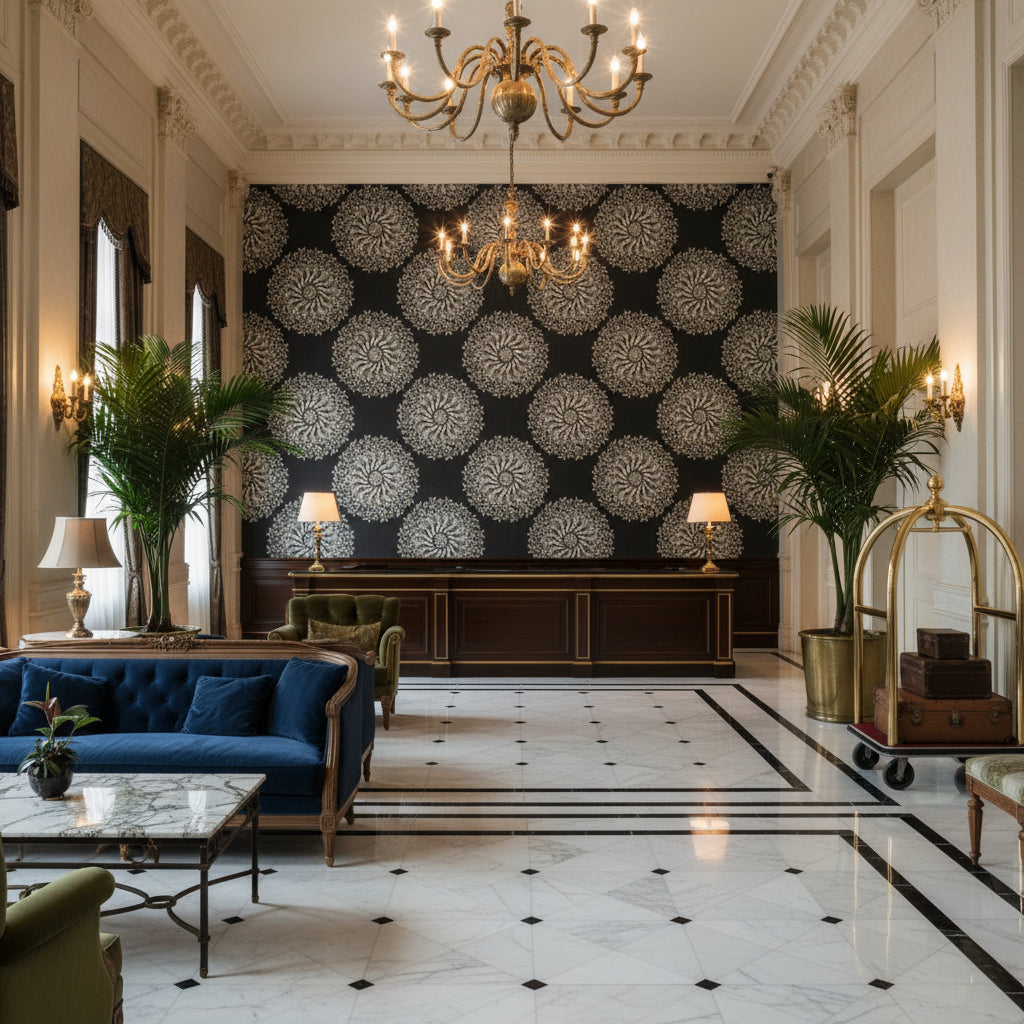 LA PROVENCE Fabrics (AF78731) – Black | Thibaut - Hotel Lobby Visualization (AI-generated, may not be to scale. Verify pattern scale with product specifications.)