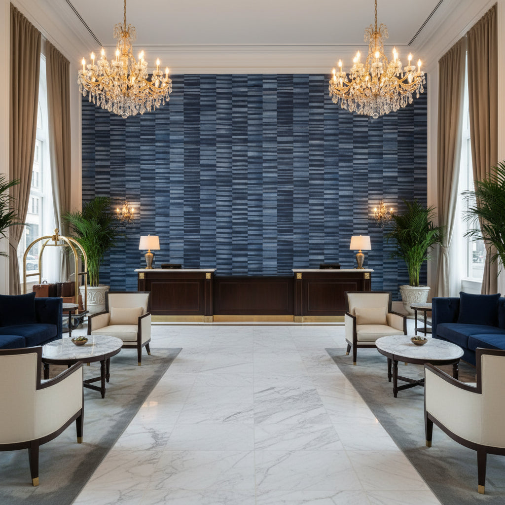 TANSMAN Fabrics (AF78732) – Navy | Thibaut - Hotel Lobby Visualization (AI-generated, may not be to scale. Verify pattern scale with product specifications.)