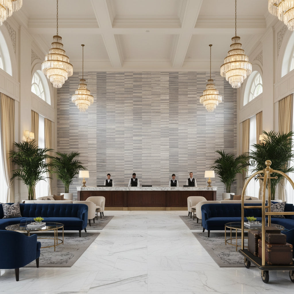 TANSMAN Fabrics (AF78733) – Grey | Thibaut - Hotel Lobby Visualization (AI-generated, may not be to scale. Verify pattern scale with product specifications.)