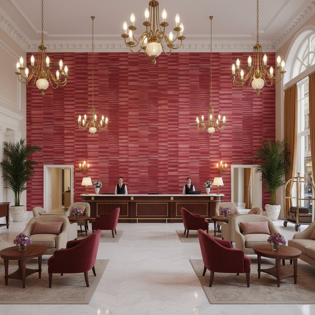 TANSMAN Fabrics (AF78736) – Red | Thibaut - Hotel Lobby Visualization (AI-generated, may not be to scale. Verify pattern scale with product specifications.)