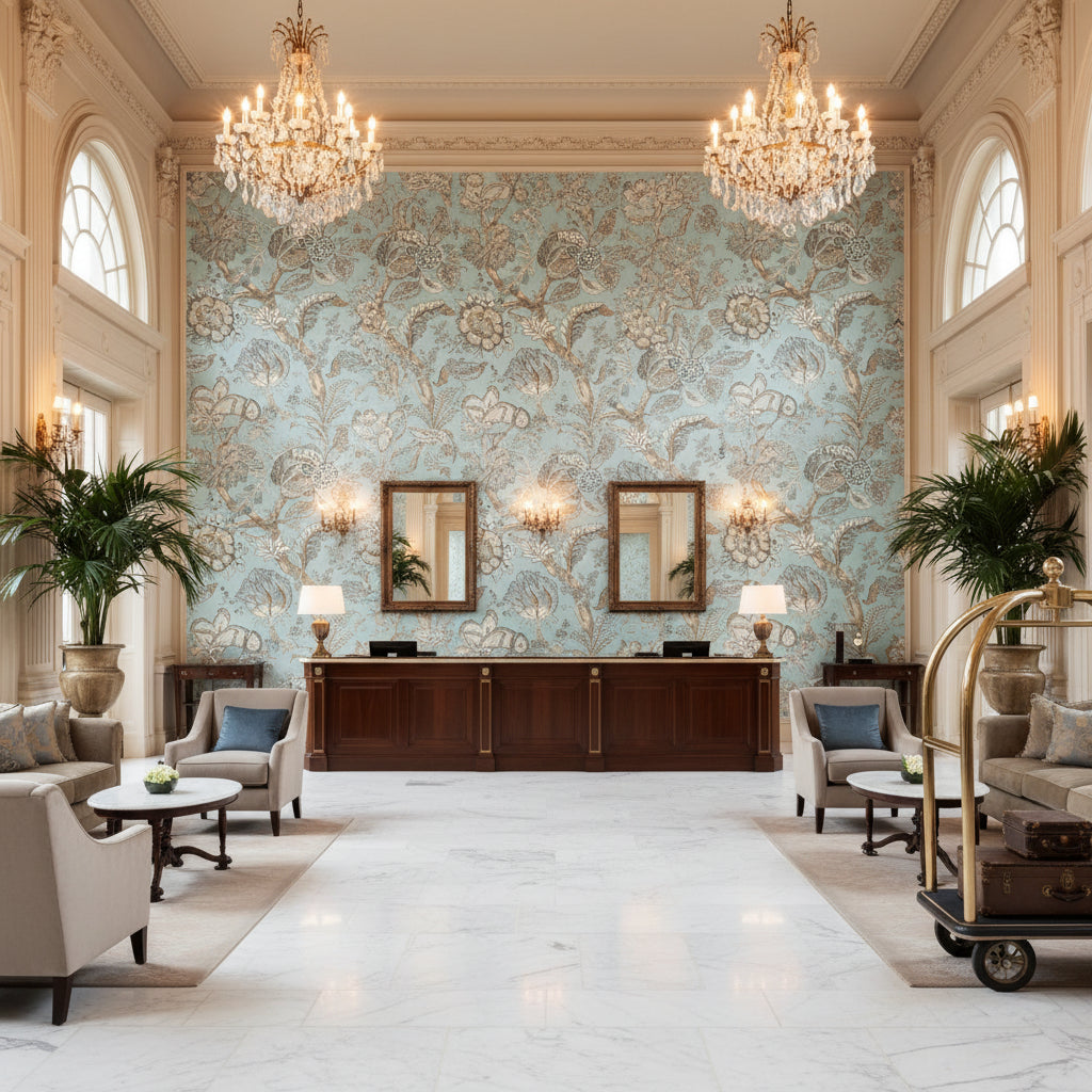 KALAMKARI Fabrics (AF78737) – Robin's Egg Robin's Egg | Thibaut - Hotel Lobby Visualization (AI-generated, may not be to scale. Verify pattern scale with product specifications.)
