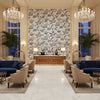 KALAMKARI Fabrics (AF78738) – Blue and White | Thibaut - Hotel Lobby Visualization (AI-generated, may not be to scale. Verify pattern scale with product specifications.)