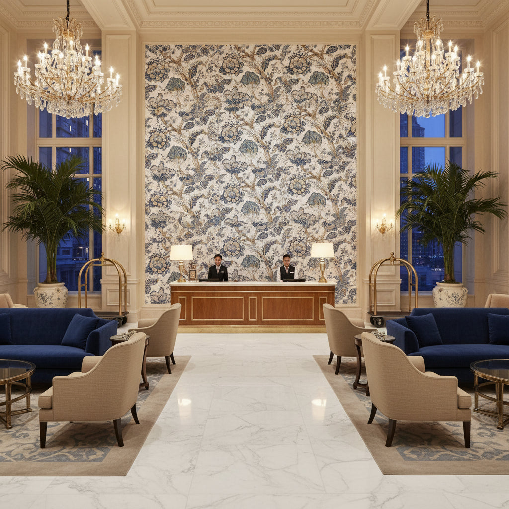 KALAMKARI Fabrics (AF78738) – Blue and White | Thibaut - Hotel Lobby Visualization (AI-generated, may not be to scale. Verify pattern scale with product specifications.)