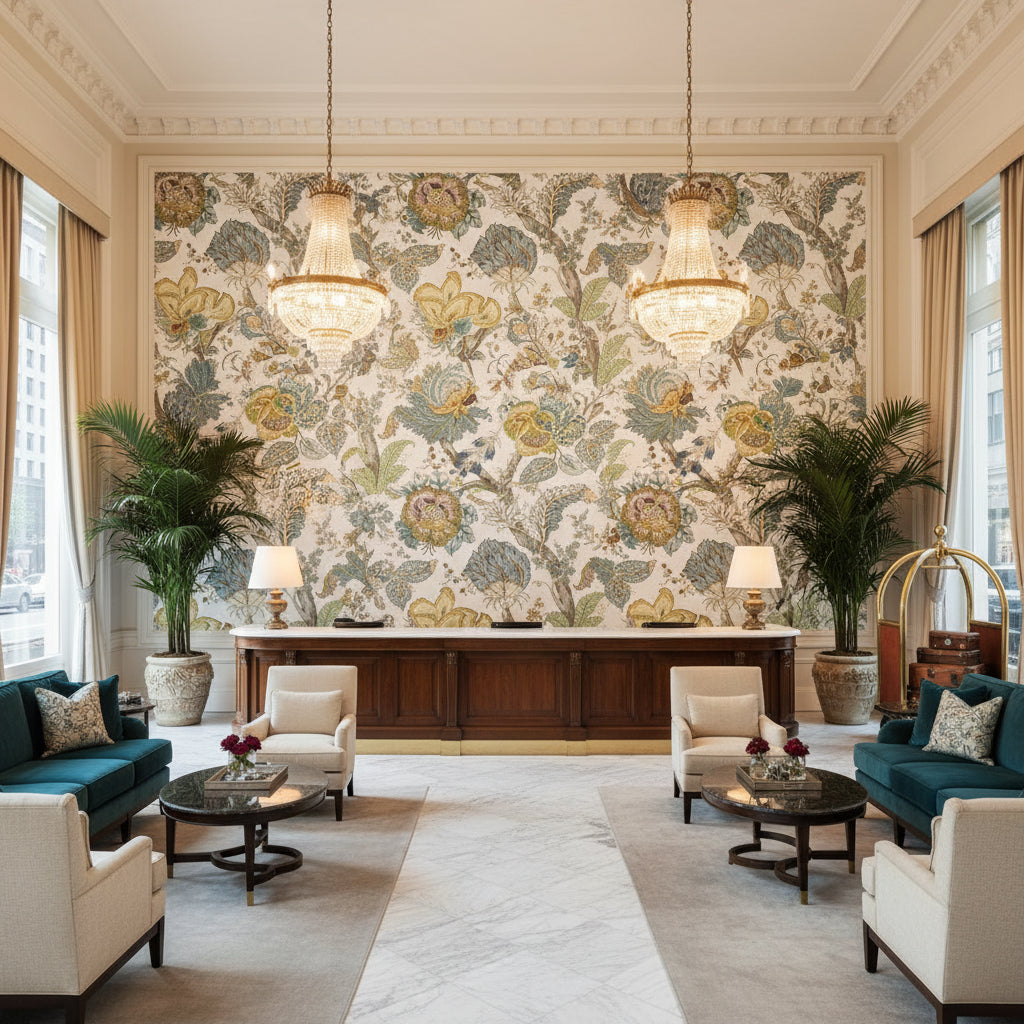 KALAMKARI Fabrics (AF78740) – Yellow and Aqua | Thibaut - Hotel Lobby Visualization (AI-generated, may not be to scale. Verify pattern scale with product specifications.)