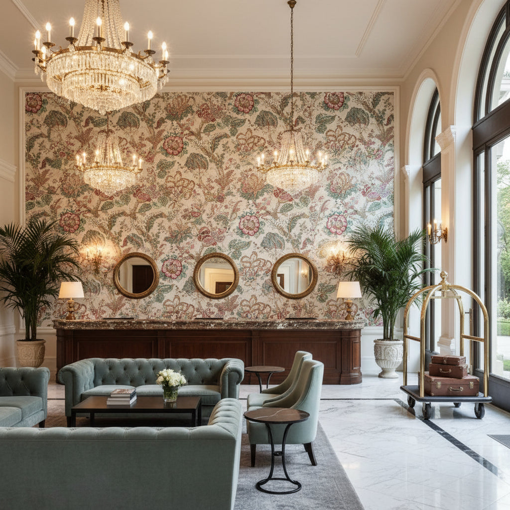 KALAMKARI Fabrics (AF78741) – Red and Gold | Thibaut - Hotel Lobby Visualization (AI-generated, may not be to scale. Verify pattern scale with product specifications.)