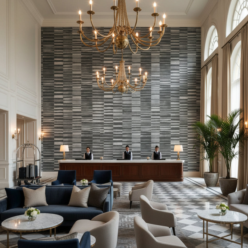 TANSMAN Fabrics (AF78743) – Black | Thibaut - Hotel Lobby Visualization (AI-generated, may not be to scale. Verify pattern scale with product specifications.)