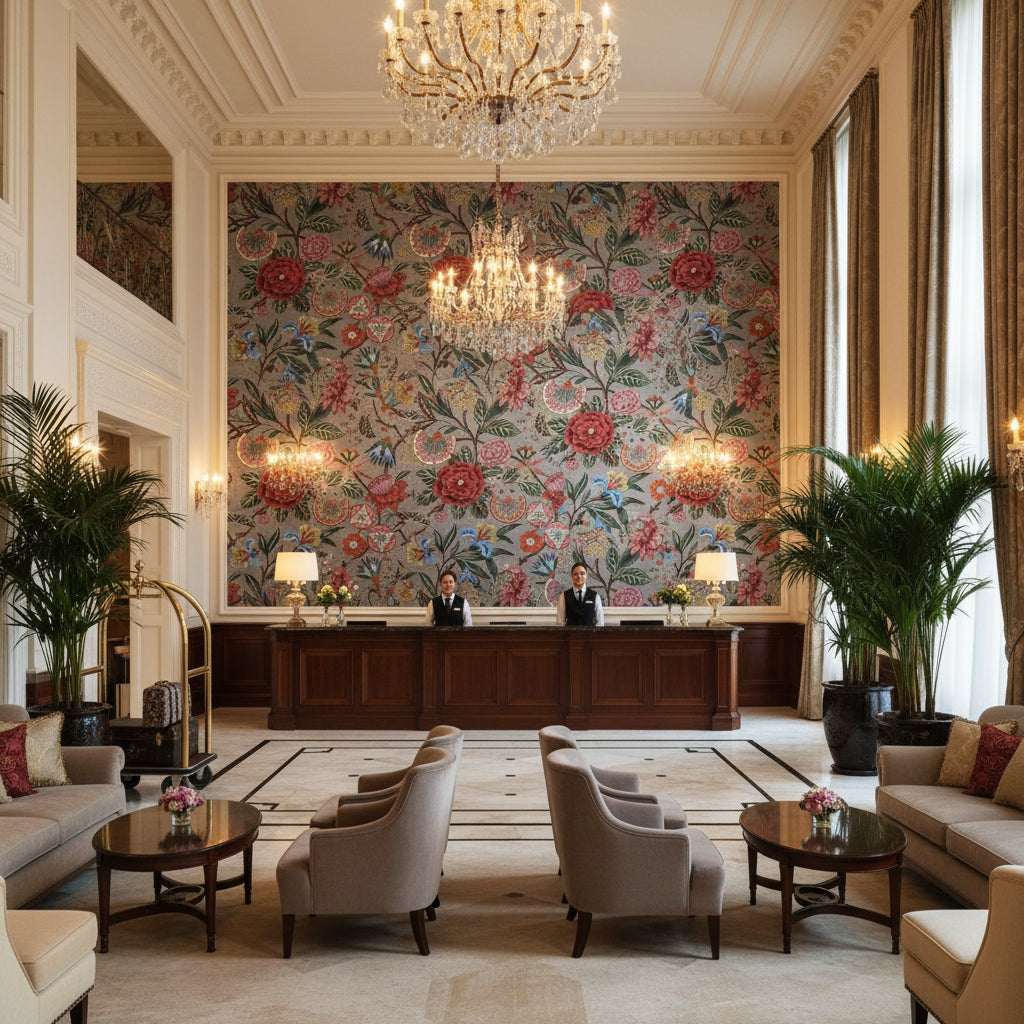 CLEO Fabrics (AF9616) – Coral on Charcoal | Thibaut - Hotel Lobby Visualization (AI-generated, may not be to scale. Verify pattern scale with product specifications.)
