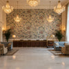 CLEO Fabrics (AF9617) – Plum and Blue on Flax | Thibaut - Hotel Lobby Visualization (AI-generated, may not be to scale. Verify pattern scale with product specifications.)