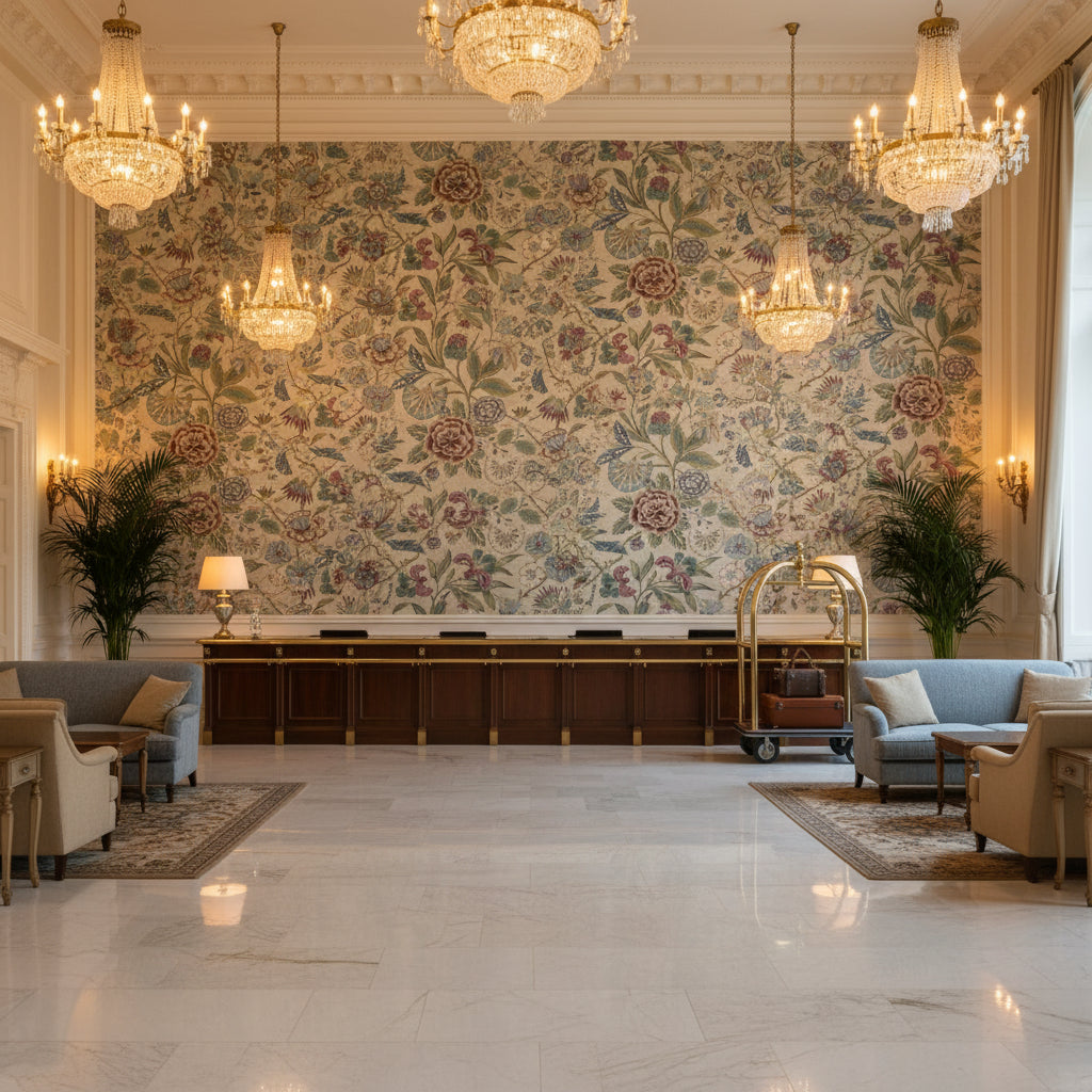 CLEO Fabrics (AF9617) – Plum and Blue on Flax | Thibaut - Hotel Lobby Visualization (AI-generated, may not be to scale. Verify pattern scale with product specifications.)