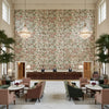 CLEO Fabrics (AF9618) – Red and Gold on Flax | Thibaut - Hotel Lobby Visualization (AI-generated, may not be to scale. Verify pattern scale with product specifications.)