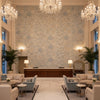 CLEO Fabrics (AF9619) – Spa Blue on Flax | Thibaut - Hotel Lobby Visualization (AI-generated, may not be to scale. Verify pattern scale with product specifications.)