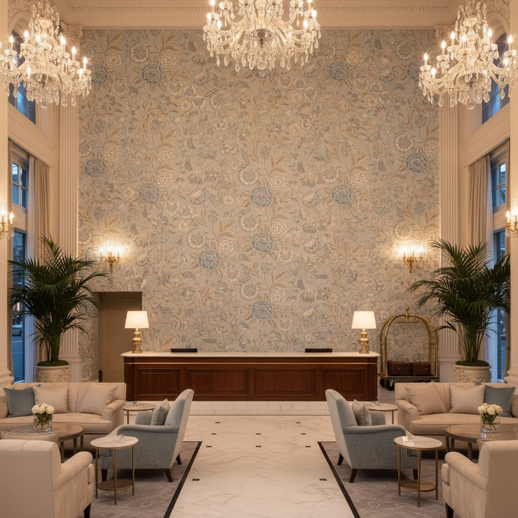 CLEO Fabrics (AF9619) – Spa Blue on Flax | Thibaut - Hotel Lobby Visualization (AI-generated, may not be to scale. Verify pattern scale with product specifications.)