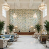 CLEO Fabrics (AF9620) – Sky Blue and Green on Flax | Thibaut - Hotel Lobby Visualization (AI-generated, may not be to scale. Verify pattern scale with product specifications.)