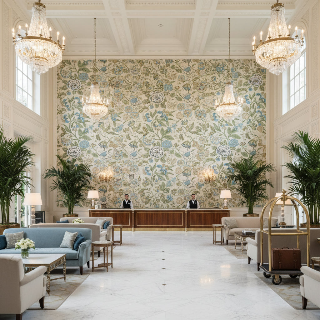 CLEO Fabrics (AF9620) – Sky Blue and Green on Flax | Thibaut - Hotel Lobby Visualization (AI-generated, may not be to scale. Verify pattern scale with product specifications.)