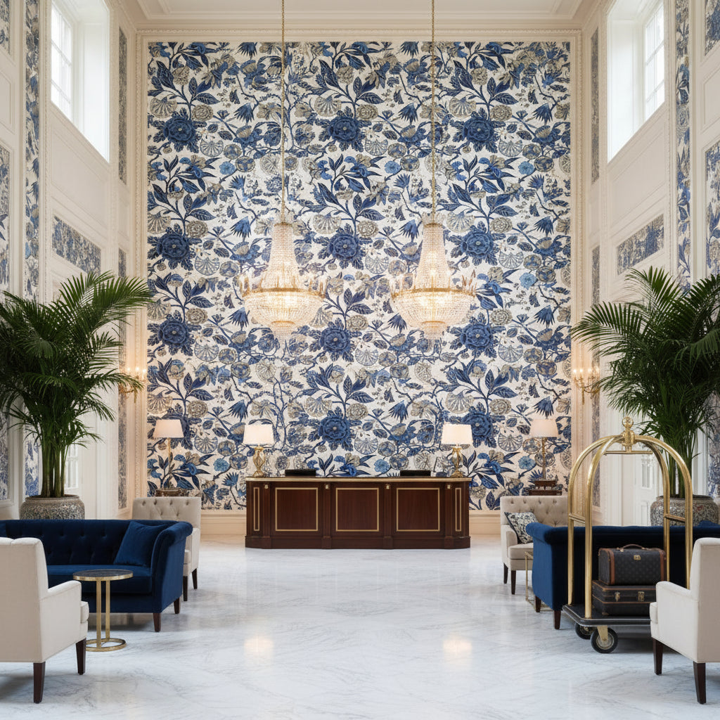 CLEO Fabrics (AF9621) – Blue and White | Thibaut - Hotel Lobby Visualization (AI-generated, may not be to scale. Verify pattern scale with product specifications.)
