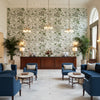CLEO Fabrics (AF9622) – Green and White | Thibaut - Hotel Lobby Visualization (AI-generated, may not be to scale. Verify pattern scale with product specifications.)