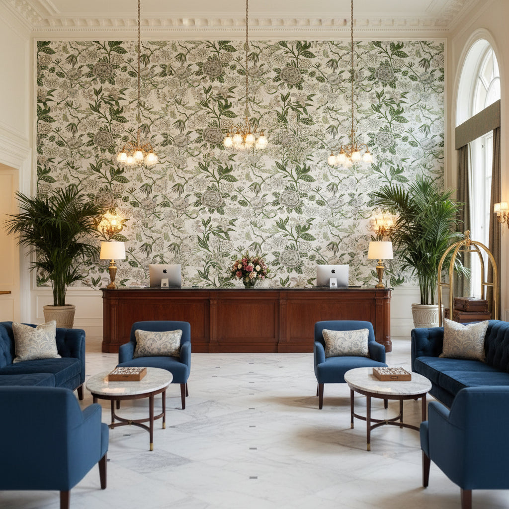 CLEO Fabrics (AF9622) – Green and White | Thibaut - Hotel Lobby Visualization (AI-generated, may not be to scale. Verify pattern scale with product specifications.)