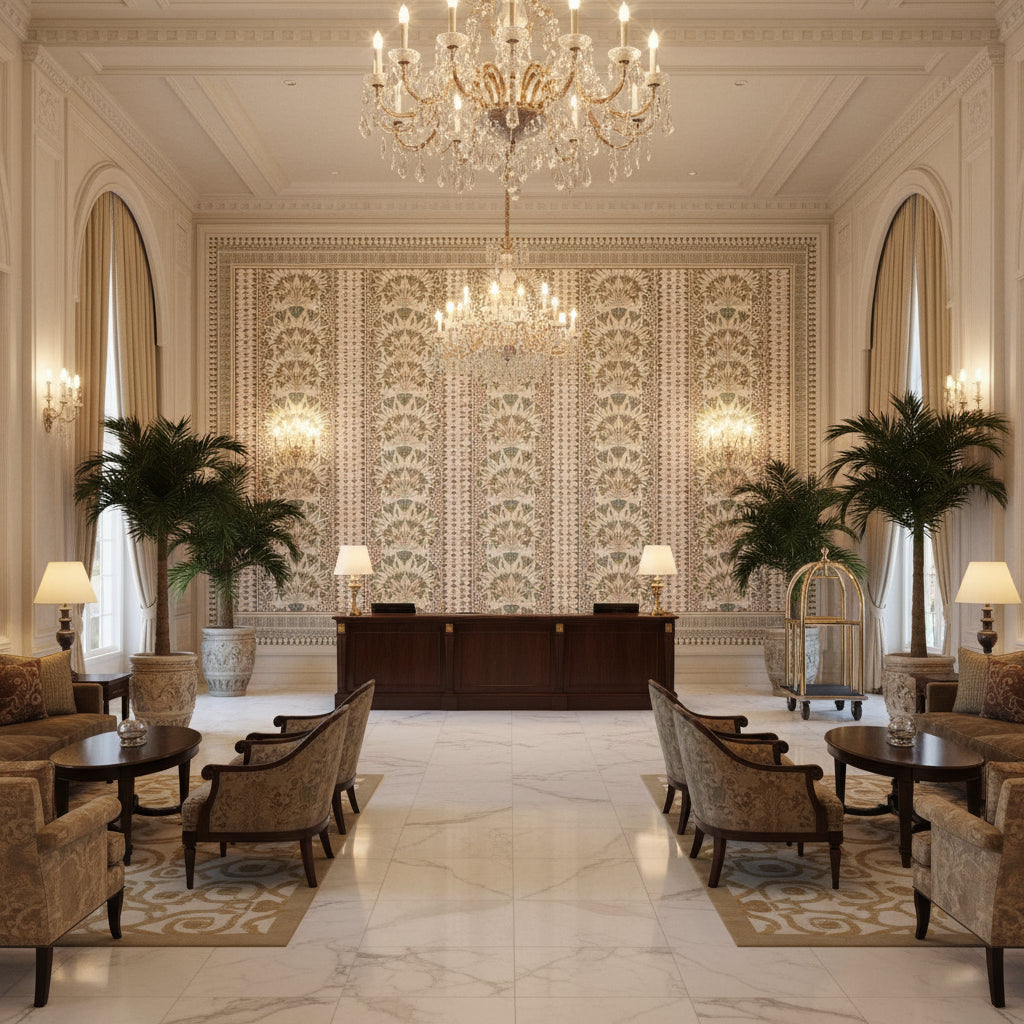 CAIRO Fabrics (AF9626) – Eggplant | Thibaut - Hotel Lobby Visualization (AI-generated, may not be to scale. Verify pattern scale with product specifications.)