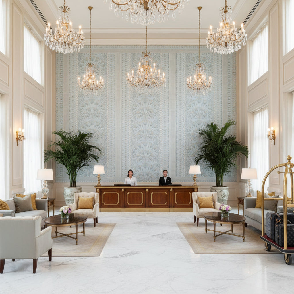 CAIRO Fabrics (AF9627) – Spa Blue | Thibaut - Hotel Lobby Visualization (AI-generated, may not be to scale. Verify pattern scale with product specifications.)