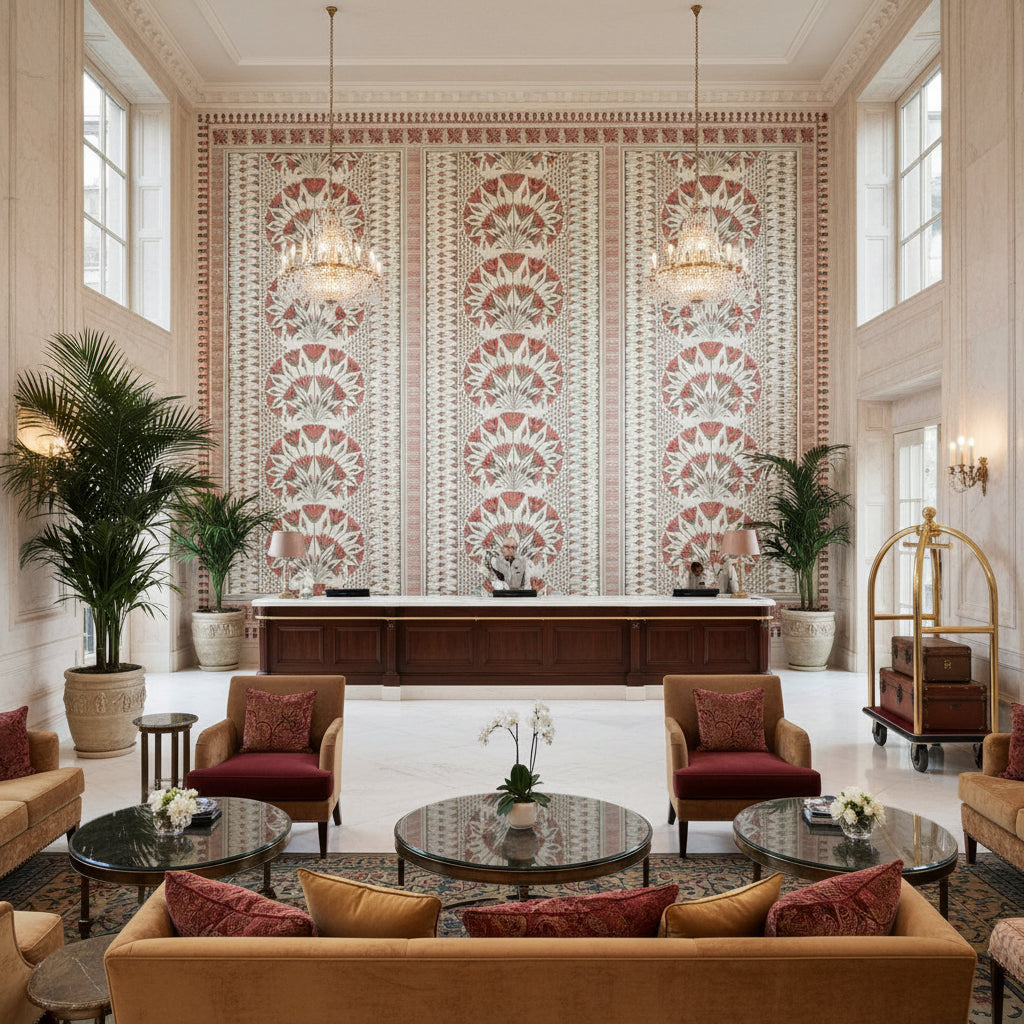 CAIRO Fabrics (AF9628) – Coral | Thibaut - Hotel Lobby Visualization (AI-generated, may not be to scale. Verify pattern scale with product specifications.)