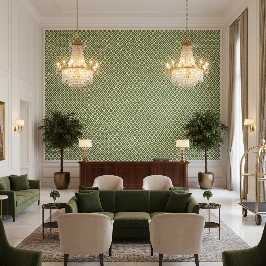 PETIT ARBRE Fabrics (AF9629) – Green on White | Thibaut - Hotel Lobby Visualization (AI-generated, may not be to scale. Verify pattern scale with product specifications.)
