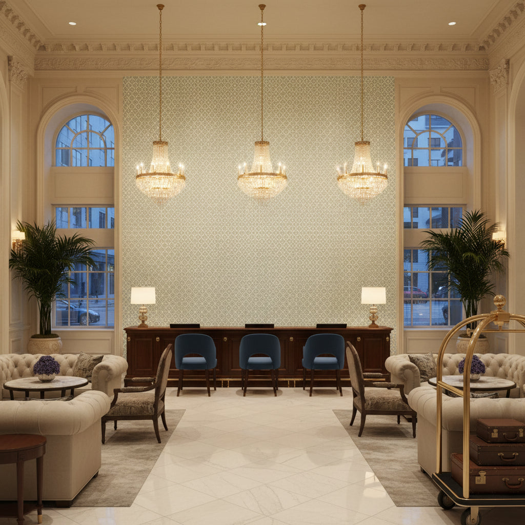 PETIT ARBRE Fabrics (AF9631) – Spa Blue on Flax | Thibaut - Hotel Lobby Visualization (AI-generated, may not be to scale. Verify pattern scale with product specifications.)