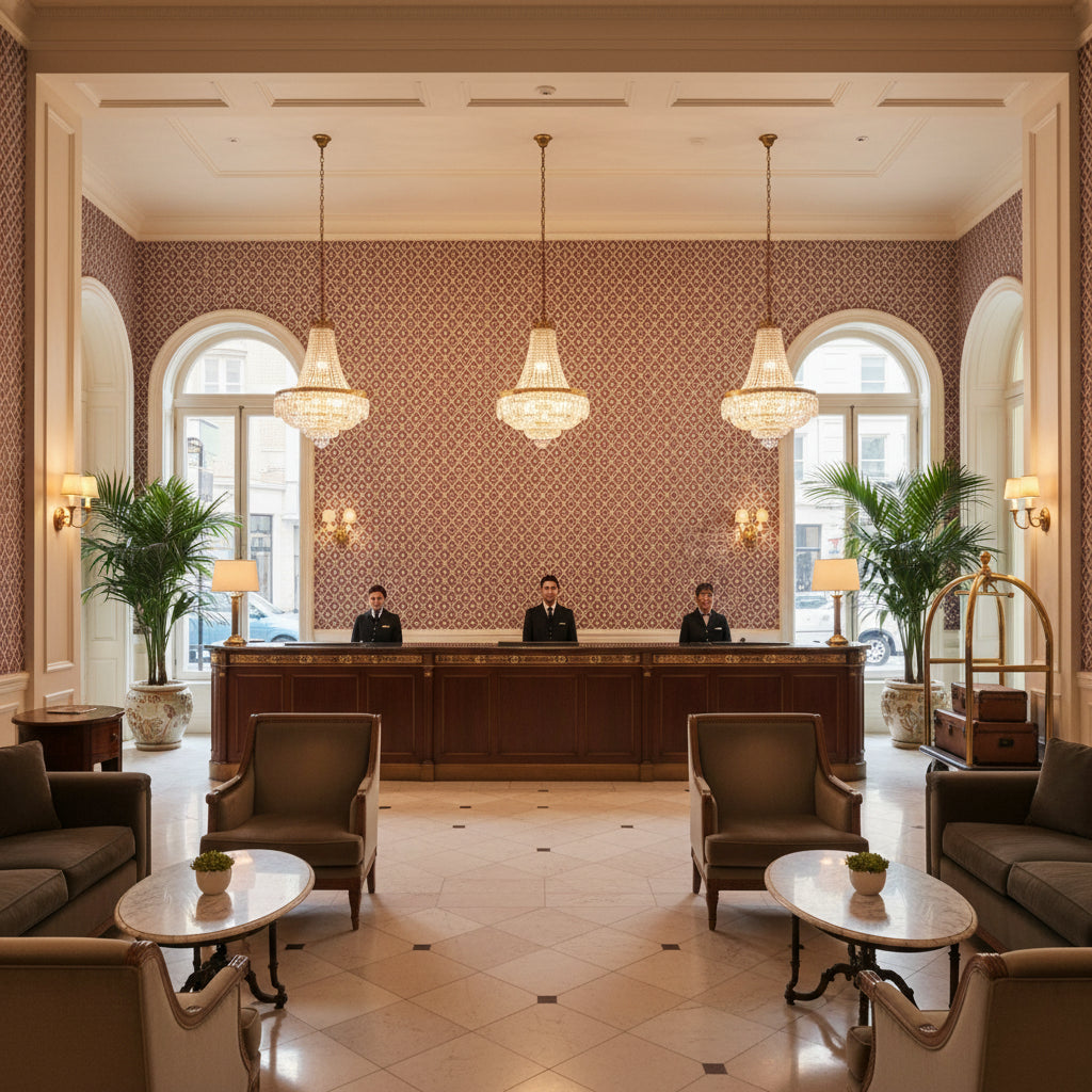 PETIT ARBRE Fabrics (AF9632) – Plum and Flax | Thibaut - Hotel Lobby Visualization (AI-generated, may not be to scale. Verify pattern scale with product specifications.)
