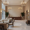 PETIT ARBRE Fabrics (AF9633) – Flax on White | Thibaut - Hotel Lobby Visualization (AI-generated, may not be to scale. Verify pattern scale with product specifications.)