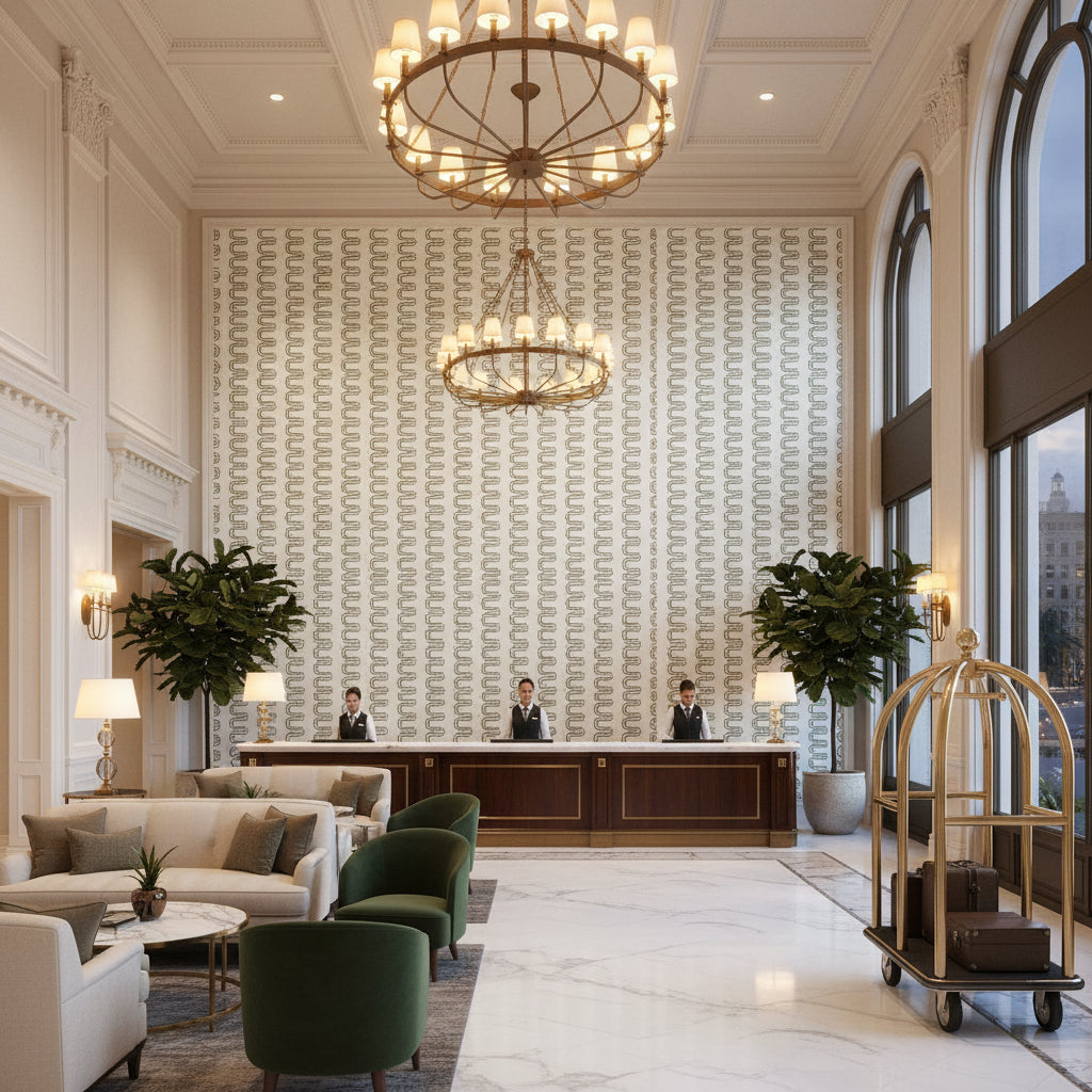 HERRIOT WAY EMBROIDERY Fabrics (AF9635) – Green on White | Thibaut - Hotel Lobby Visualization (AI-generated, may not be to scale. Verify pattern scale with product specifications.)