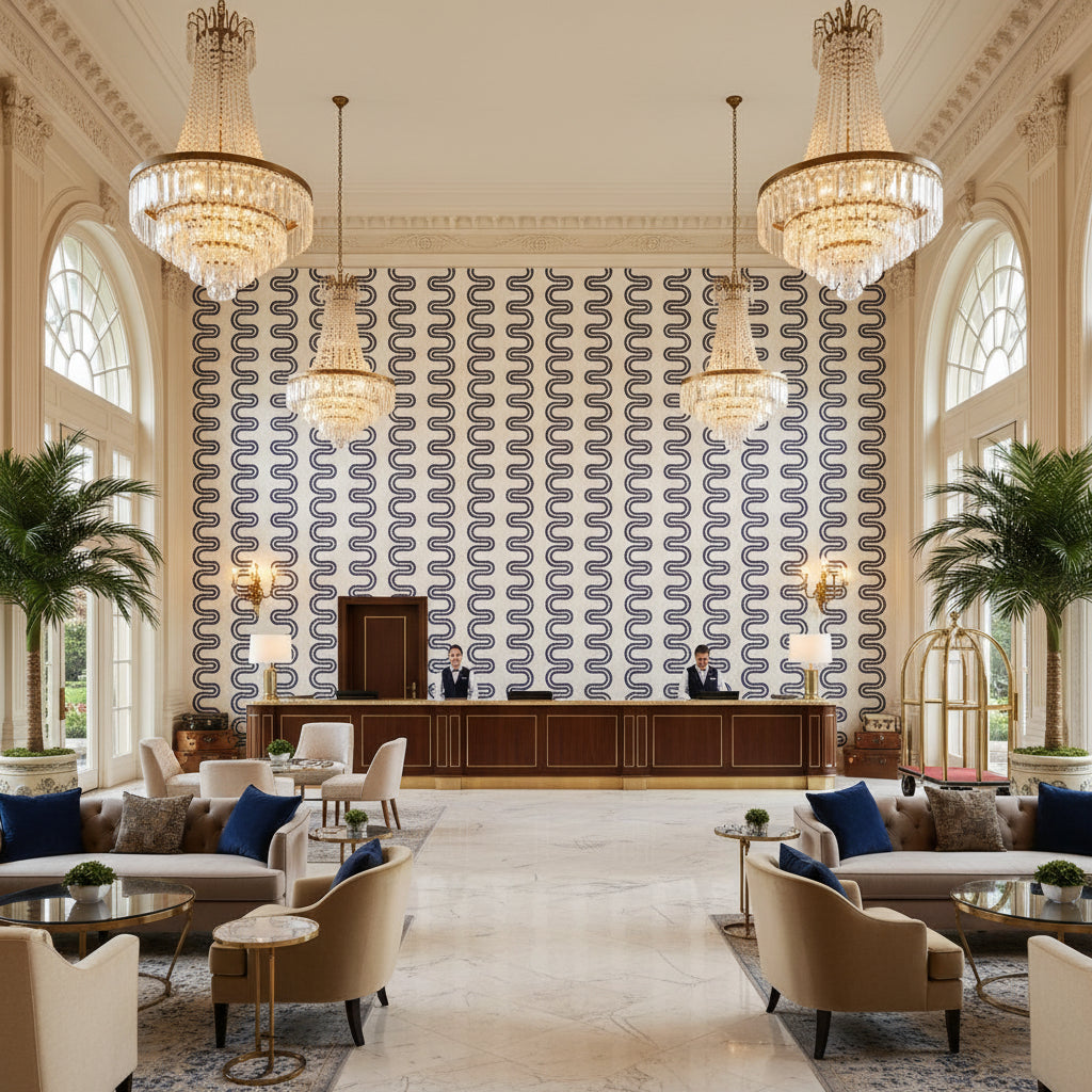HERRIOT WAY EMBROIDERY Fabrics (AF9636) – Navy on White | Thibaut - Hotel Lobby Visualization (AI-generated, may not be to scale. Verify pattern scale with product specifications.)