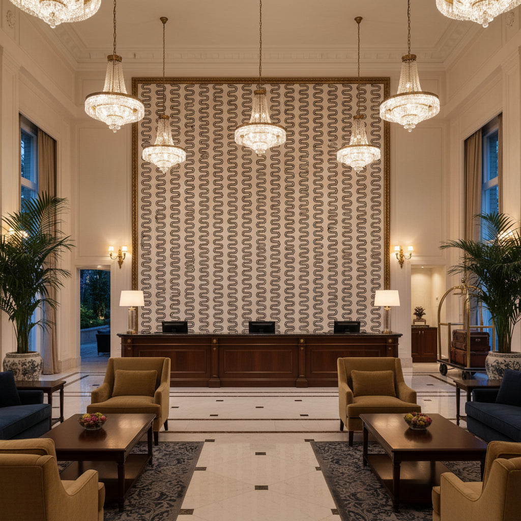 HERRIOT WAY EMBROIDERY Fabrics (AF9637) – ivory | Thibaut - Hotel Lobby Visualization (AI-generated, may not be to scale. Verify pattern scale with product specifications.)
