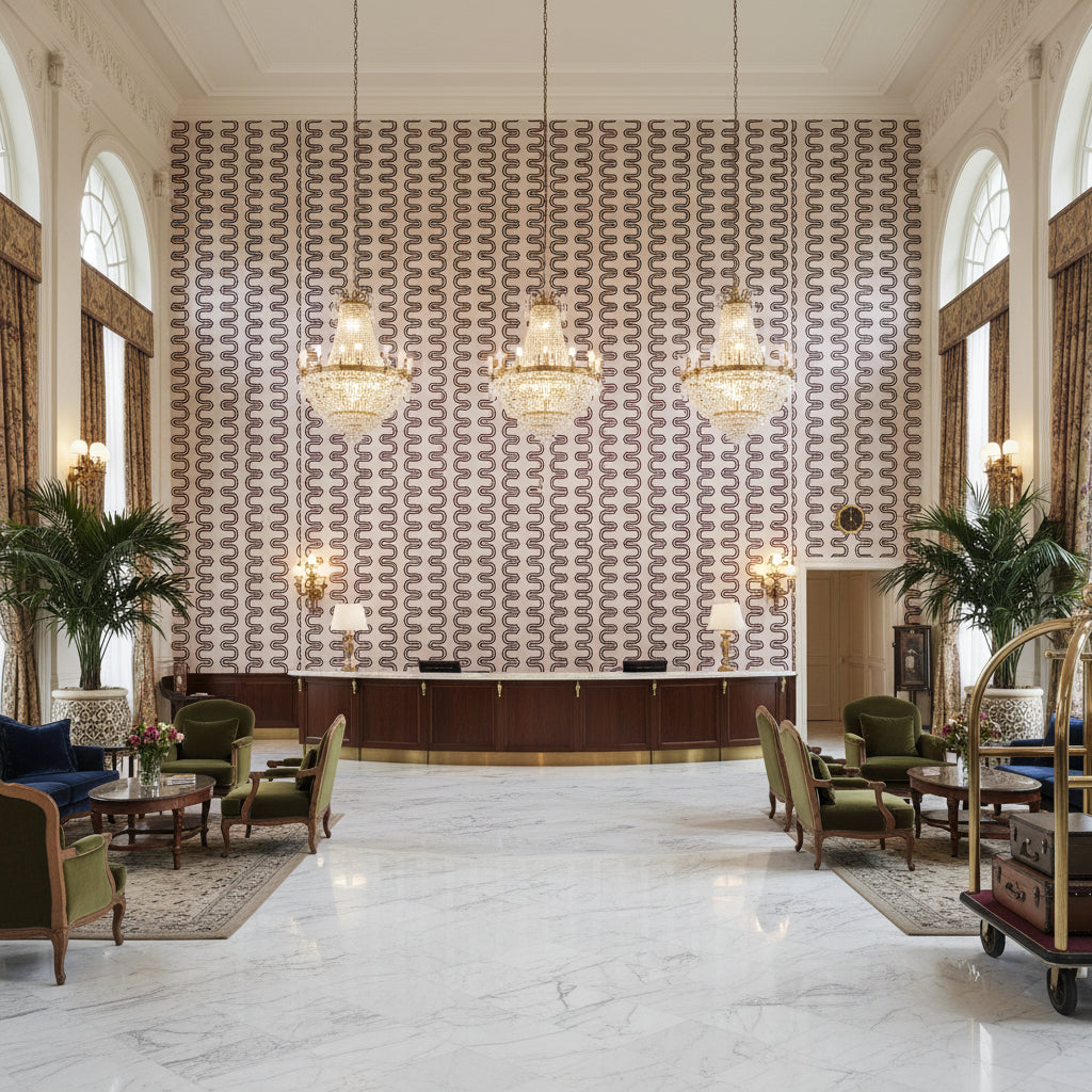 HERRIOT WAY EMBROIDERY Fabrics (AF9638) – beige | Thibaut - Hotel Lobby Visualization (AI-generated, may not be to scale. Verify pattern scale with product specifications.)