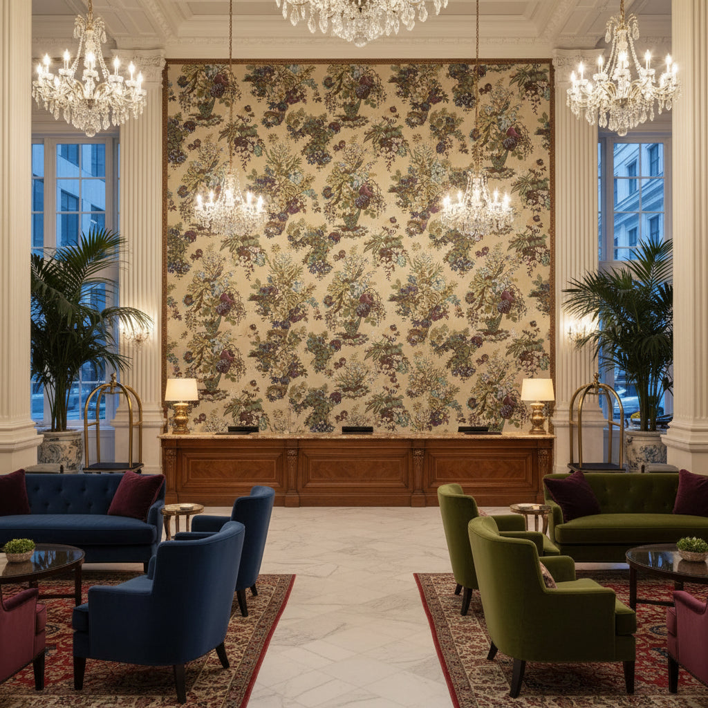 FAIRBANKS Fabrics (AF9641) – Plum | Thibaut - Hotel Lobby Visualization (AI-generated, may not be to scale. Verify pattern scale with product specifications.)