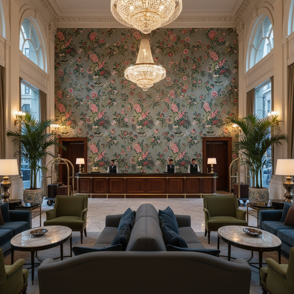 FAIRBANKS Fabrics (AF9643) – Grey | Thibaut - Hotel Lobby Visualization (AI-generated, may not be to scale. Verify pattern scale with product specifications.)