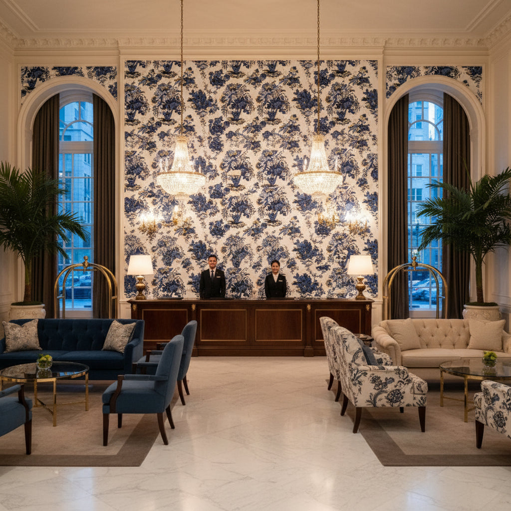 FAIRBANKS Fabrics (AF9646) – Blue and White | Thibaut - Hotel Lobby Visualization (AI-generated, may not be to scale. Verify pattern scale with product specifications.)