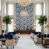 CUBISM Fabrics (AF9654) – Navy on White | Thibaut - Hotel Lobby Visualization (AI-generated, may not be to scale. Verify pattern scale with product specifications.)