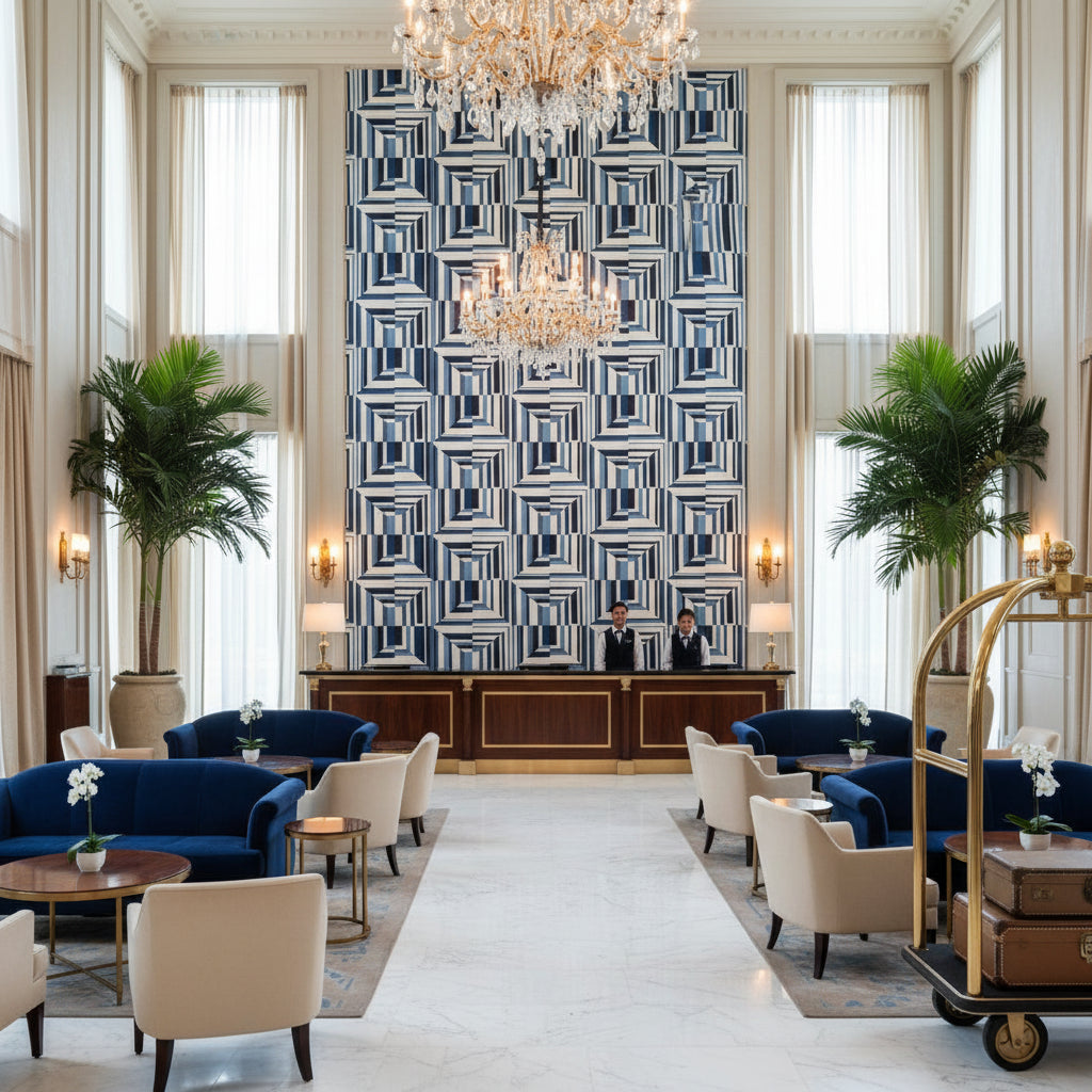 CUBISM Fabrics (AF9654) – Navy on White | Thibaut - Hotel Lobby Visualization (AI-generated, may not be to scale. Verify pattern scale with product specifications.)