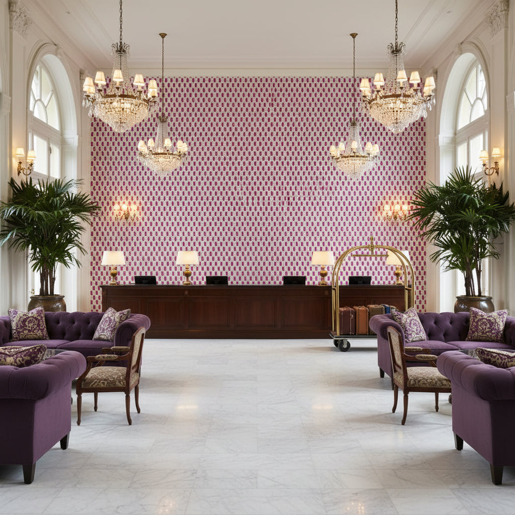 AKIO Fabrics (AF9813) – Fuchsia | Thibaut - Hotel Lobby Visualization (AI-generated, may not be to scale. Verify pattern scale with product specifications.)