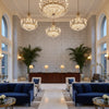 AKIO Fabrics (AF9814) – Navy | Thibaut - Hotel Lobby Visualization (AI-generated, may not be to scale. Verify pattern scale with product specifications.)