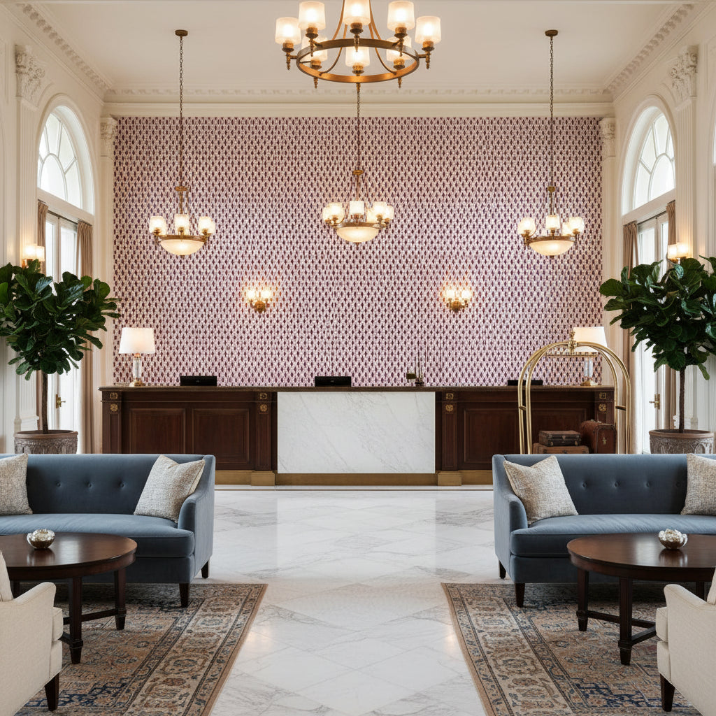 AKIO Fabrics (AF9815) – Eggplant | Thibaut - Hotel Lobby Visualization (AI-generated, may not be to scale. Verify pattern scale with product specifications.)