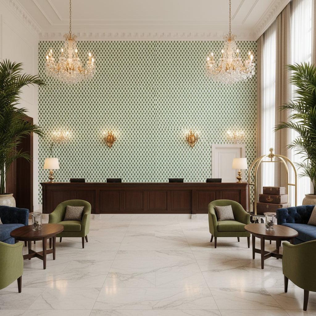 AKIO Fabrics (AF9816) – Emerald Green | Thibaut - Hotel Lobby Visualization (AI-generated, may not be to scale. Verify pattern scale with product specifications.)