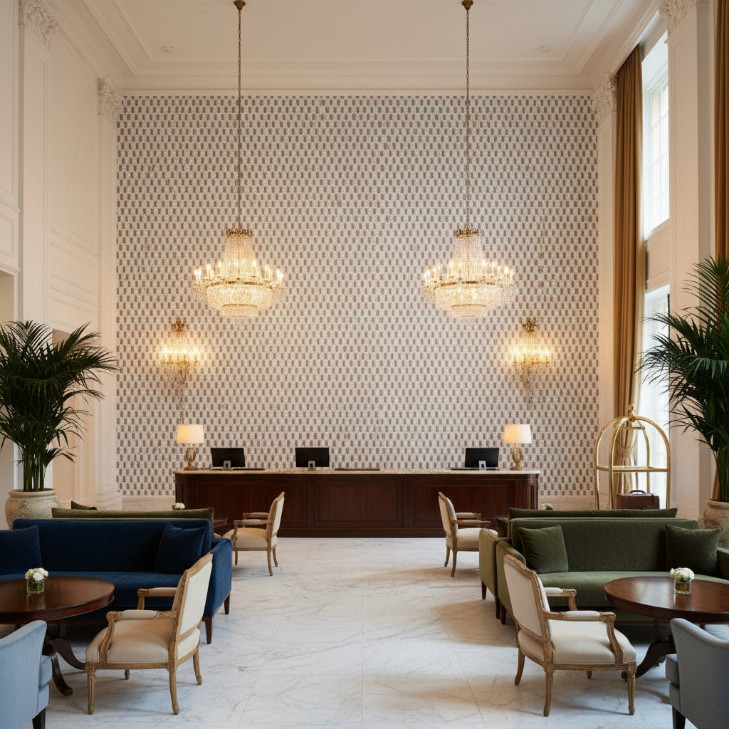 AKIO Fabrics (AF9817) – Grey | Thibaut - Hotel Lobby Visualization (AI-generated, may not be to scale. Verify pattern scale with product specifications.)